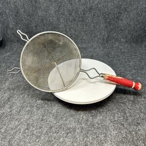 Vintage A&J Ajax Heavy Duty Strainer Red Handle Kitchen Tool Made In US America